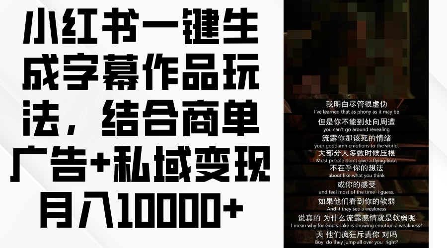小红书一键生成字幕作品玩法，结合商单广告+私域变现月入10000+-星网科技 Grdy.cn