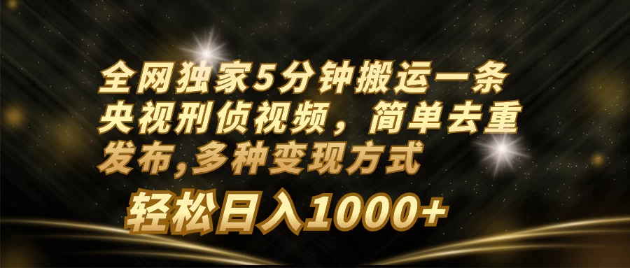 全网独家5分钟搬运一条央视刑侦视频，简单去重发布，多种变现方式，轻松日入1000+-星网科技 Grdy.cn