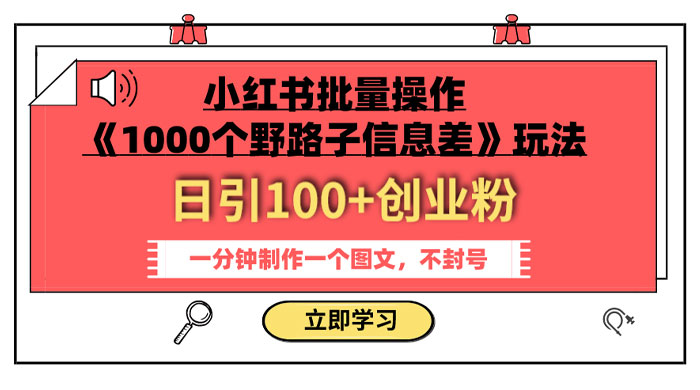 小红书批量操作《 1000 个野路子信息差》玩法，日引 100+ 创业粉，一分钟一个图文-星网科技 Grdy.cn