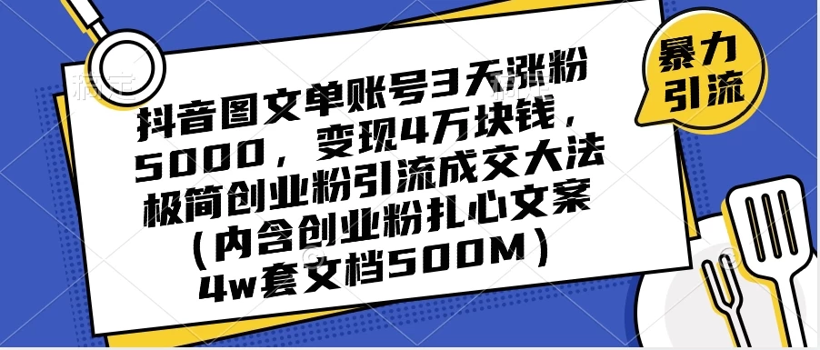抖音图文单账号 3 天涨粉 5000，变现 4 W，极简创业粉引流成交大法（内含扎心文案）-星网科技 Grdy.cn